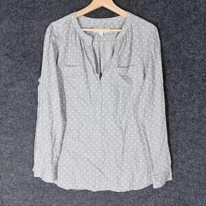 Loft Blouse Women L Large Gray Polka Dot V-Neck Long Sleeve Pockets Casual
